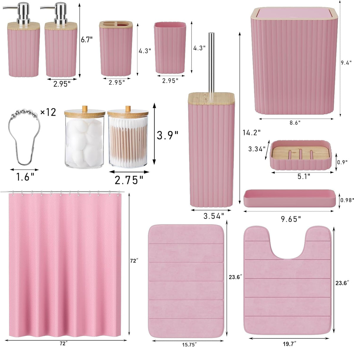 Bathroom Accessories Set - 25PC Pink Bathroom Set, Bathroom Set with Shower Curtain and Rugs, Pink Shower Curtain Set, Toilet Brush, Bathroom Trash Can