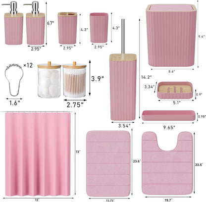 Bathroom Accessories Set - 25PC Pink Bathroom Set, Bathroom Set with Shower Curtain and Rugs, Pink Shower Curtain Set, Toilet Brush, Bathroom Trash Can