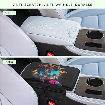 Wanyint Skull Butterfly Car Center Console Pad Non-Slip Armrest Box Mat with 4 Storage Bags Comfortable Center Console Armrest Pillow Arm Rest Cushion Protector Auto Accessories