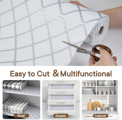 Shelf and Drawer Liner for Kitchen Cabinets Non-Adhesive, Strong Grip Non-Slip Thickened Cabinet Liners for Shelves, Waterproof Mats for Dresser Cupboard, Silver Stripe, 17 in x 10 Feet