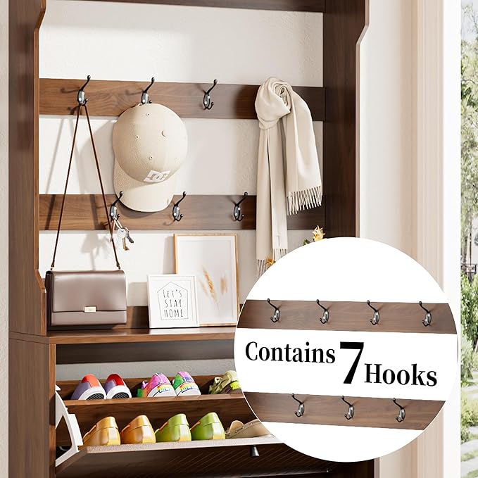 Shoe Cabinet for Entryway with 2 Flip Drawers & Coat Rack, Narrow Hidden Shoe