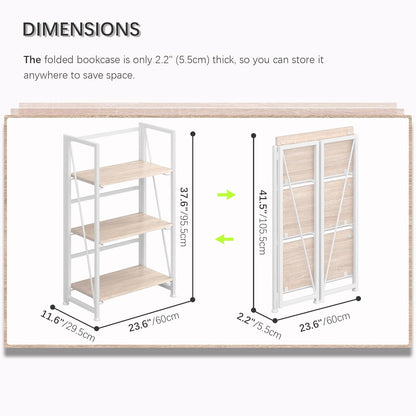 4NM No Assembly Folding Bookshelf Storage Shelves 3 Tiers Vintage Bookcase Standing Racks Study Organizer Home Office (Natural White)