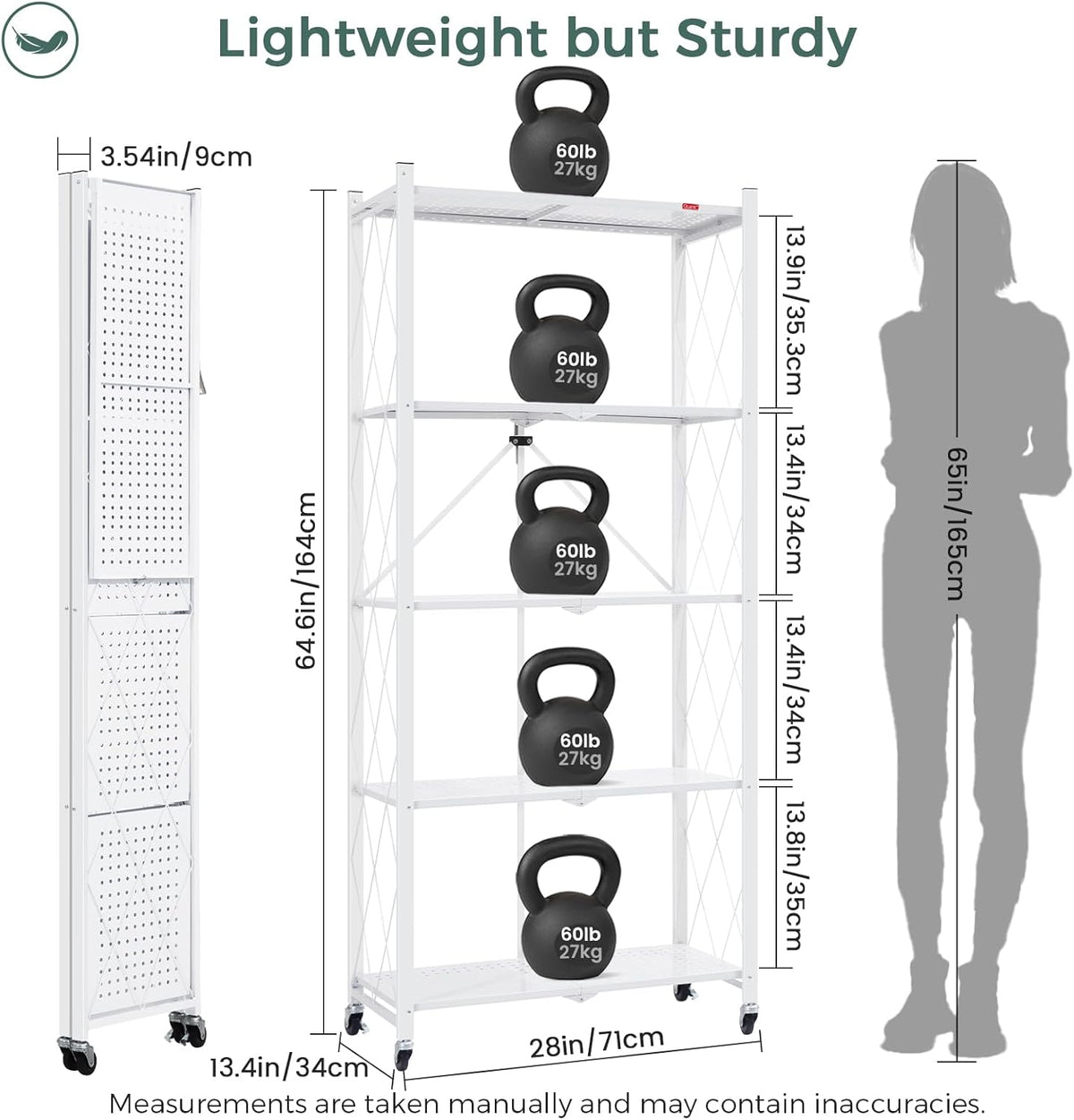DEANIC 5 Tier Foldable Storage Shelves with Wheels, Large Capacity Shelving Unit, Freestanding Metal Wire Shelf Rack, No Assembly Organizer Rack for Garage Kitchen, Basement, Pantry(White)
