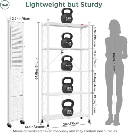 DEANIC 5 Tier Foldable Storage Shelves with Wheels, Large Capacity Shelving Unit, Freestanding Metal Wire Shelf Rack, No Assembly Organizer Rack for Garage Kitchen, Basement, Pantry(White)