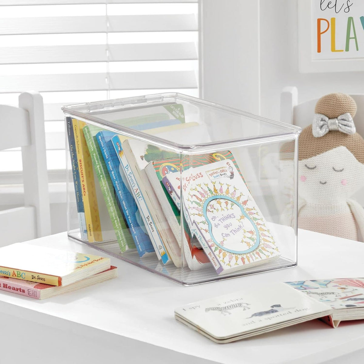 mDesign Plastic Stackable Toy Storage Bin Container Box, Hinge Lid for Organizing Living Room, Play Room, Bedroom, Nursery, Hold Blocks, Puzzles, Books, Lumiere Collection, Clear