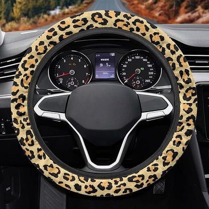 Universal Non-Slip Steering Wheel Cover, 15-inch Polyester Material Driving Accessories, Adjustable for Car and Truck(Retro Yellow Leopard Print)