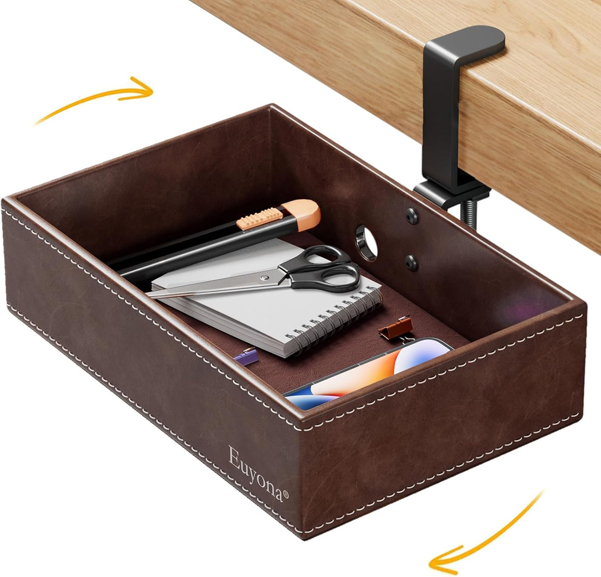Mesh Hidden Desk Organizer with Swivel Drawer, Heavy-Duty C-Clamp Mount for Office Supplies, Art Tools & Pencil Storage – Easy Install Desktop Accessories (Coffee)