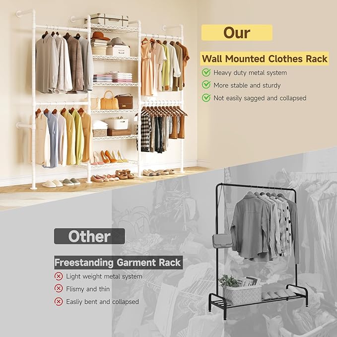 ONBRILL H3 Wall Mounted Closet System, Expandable Industrial Pipe Clothes Rack