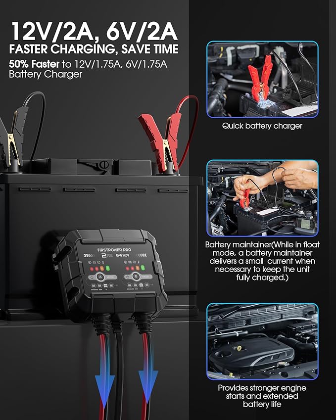 2-Bank, 4A Trickle Charger for Car Battery, 12V 6V Car Battery Charger