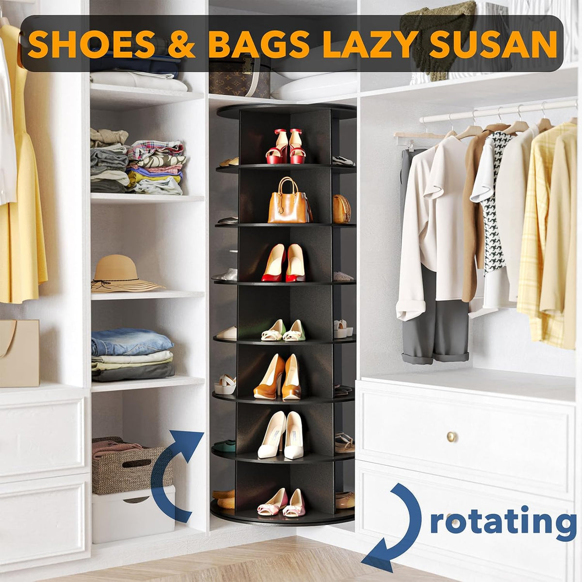 SpaceAid 7 Tier Rotating Shoe Rack Tower, Spinning Shoe Display Lazy Susan, Revolving 360 Shoe Rack Storage Round Carousel, Vertical Handbag Rotate Shoes Closet Organization (7-Tier Black)