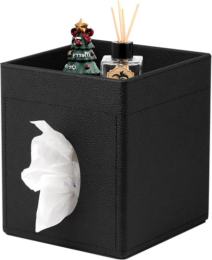 Lorteme Tissue Box Cover, PU Leather Square Tissue Box Holder with Upper Storage Tray for Bathroom/Countertop/Nightstand/Office Table - Black