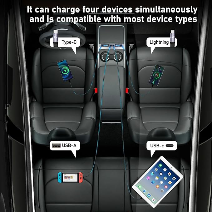 65W USB Charger Hub for Tesla Model Y Juniper 2025,2026 Accessories- 4-Port Fast Charging Hub with Sliding Cover, Retractable Phone Charger Hub, Docking Station for Tesla Model 3 Highland 2024-2026