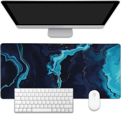 Blue Marble Desk Mat,Large Gaming Mouse Pad,Non-Slip Rubber Base Desk Pad with Stitched Edges for Desk Office Home Decor 35.4X15.7 Inch