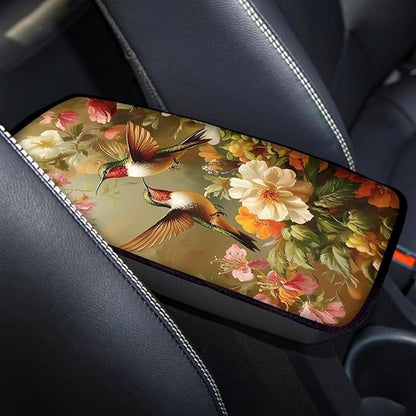 Colorful Flower Hummingbirds Thin Car Armrest Pads Auto Armrest Box Cover Comfortable Middle Storage Organizer Pad Universal Style Car Accessories Decor