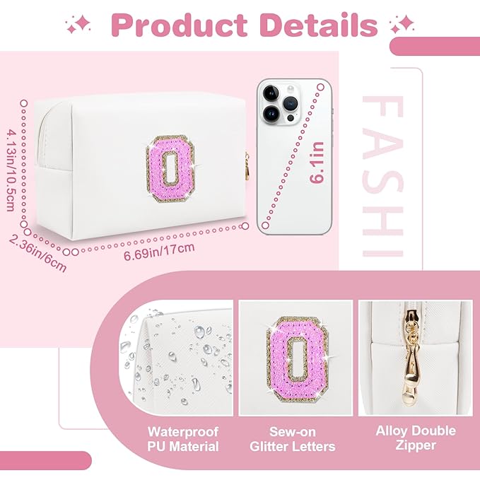Small Initial Patch Makeup Bag Personalized Gifts Make Up Bag,White Cute PU Leather Glitter Letter Cosmetic Bag with Zipper,Trendy Portable Travel Toiletry Pouch,Preppy Stuff for Teen Girls Women O