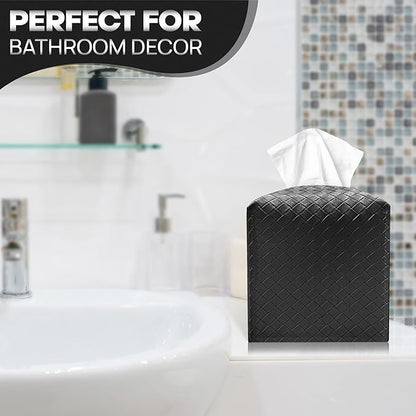 Tissue Box Cover Holder, PU Leather Tissue Box Cover with Braided Pattern, Square Tissue Holder with Bottom Belt, Modern Organizer for Bathroom, Car, Office, Tabletop(Black., 12 Braided Patterns)