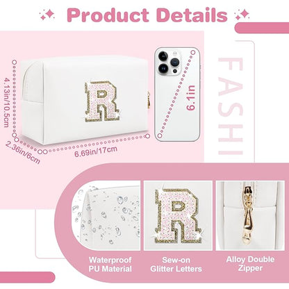 Small Initial Patch Makeup Bag Personalized Gifts Make Up Bag,White Cute PU Leather Glitter Letter Cosmetic Bag with Zipper,Trendy Portable Travel Toiletry Pouch,Preppy Stuff for Teen Girls Women R