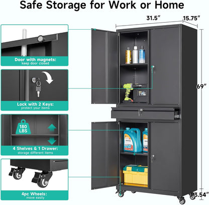 Metal Garage Storage Cabinet with Wheels and Drawer,73" Tall Black Rolling Garage Cabinet with Locking Doors and Adjustable Shelves,Mobile Metal Storage Cabinets on Wheels for Home,Office,Garages,Tool