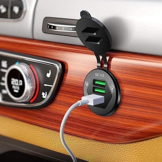 Triple Port QC3.0 Car Charger Socket, 12V/24V 36W USB Charger with 3 Fast Charging Ports, IP66 Waterproof Aluminum Socket Mount for Car Boat RV Marine ATV