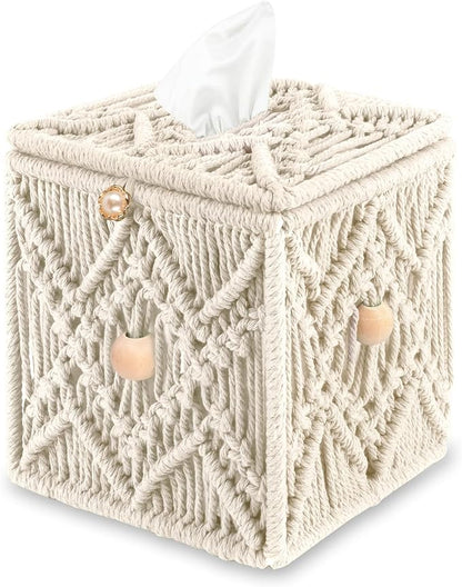 KaloKalo Handmade Tissue Box Cover Decorative Macrame Boho Square Tissue Holder Cotton Rope Woven Napkin Facial Paper Organizer Bohemian Desk Storage Container with Buckle Wood Beads (Ivory)