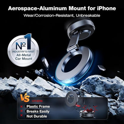 Magnetic Phone Holder for Car, Aerospace Aluminum iPhone Mount with 3200gf Magnet & 80LBS Vacuum Suction, 360° Adjustable Dashboard Mount Compatible with MagSafe iPhone 17 Pro Max/16/15/14/13