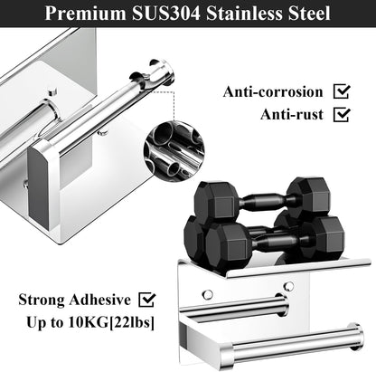 Tindbea Toilet Paper Holder with Phone Shelf, Adhesive or Screw Wall Mount Toilet Tissue Roll Holder, Rustproof & Multifunctional Stainless Steel Bathroom Storage Dispenser (Polished Chrome)