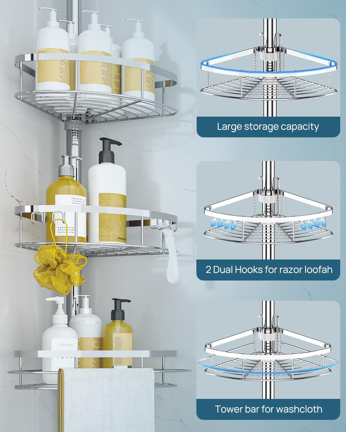 SEIRIONE Rustproof Shower Corner Caddy Organizer for Bathroom, 4 Adjustable Shelves with Tension Pole, for Bathtub Shampoo Accessories Storage Holder, 34 to 116 Inch Height