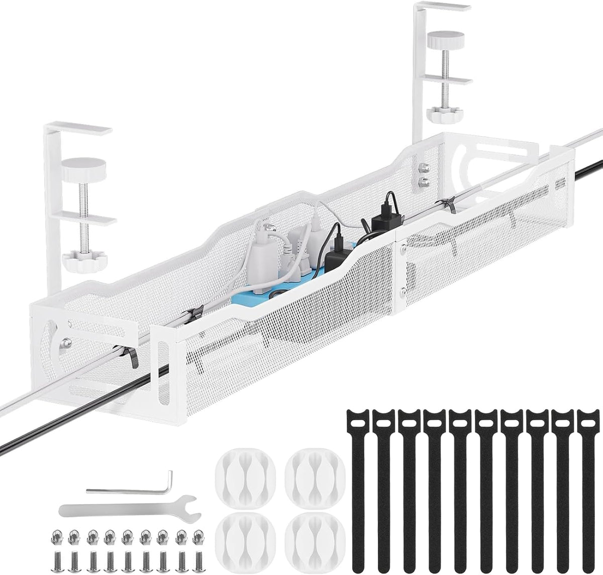 Cable Management, 25'' Cable Management Under Desk No Drill, Metal Cord Organizer with Clamp for Standing Desk, Cable Organizer for Home Office, White