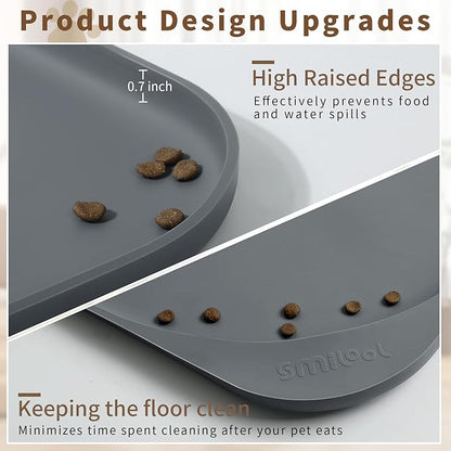Smilool Silicone Pet Food Mat with Raised Edge for Food and Water Bowl, Dog Feeding Mats, Cat Food Trays for Floor Waterproof, Rubber Tray for Dogs and Cats, 17 x 12 x 0.7 Dark Gray