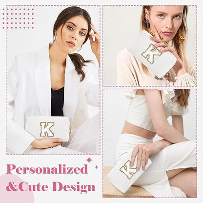 Small Personalized Initial A-Z Preppy Patch Makeup Bag,White PU Chenille Letter Travel Cosmetic Pouch with Zipper,Cute Toiletry Bag,Gift Ideal for Teen Girls Women Teacher Bridesmaid,Letter K