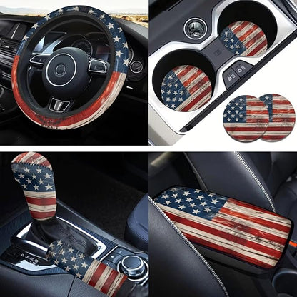 American Flag 6pcs Car Decor Set for Women Men Car Steering Wheel Cover Retro Style Armest Cushion Auto Interior Decor Cup Holder for SUV Truck Sedan