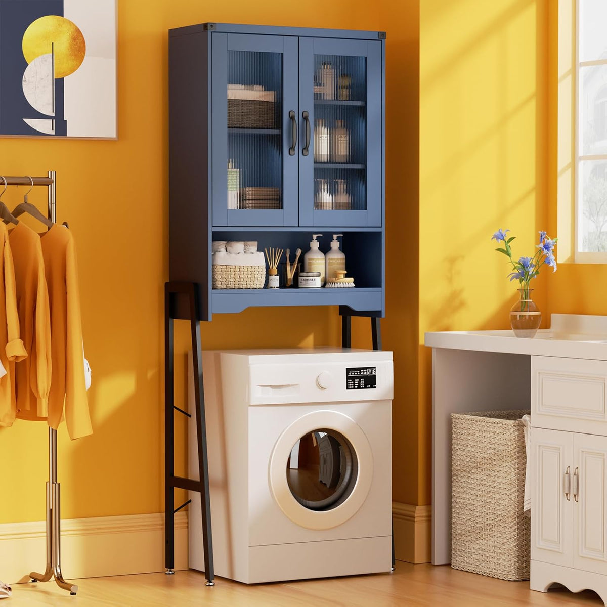 Over The Toilet Storage Cabinet with Tempered Glass Doors and Adjustable Shelf, Bathroom Organizer with Metal Stand Space Saver Over Toilet , Modern Toilet Rack for Bathroom, Restroom, Laundry, Blue