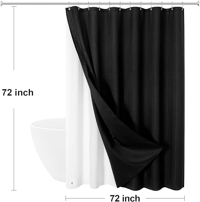 Craidlela 3 in 1 Shower Curtain Set, Black Waffle Shower Curtain and PEVA Liner Set with 12 Stainless Steel Shower Curtain Hooks, Waterproof Fabric Shower Curtains for Bathroom, 72 W x 72 H