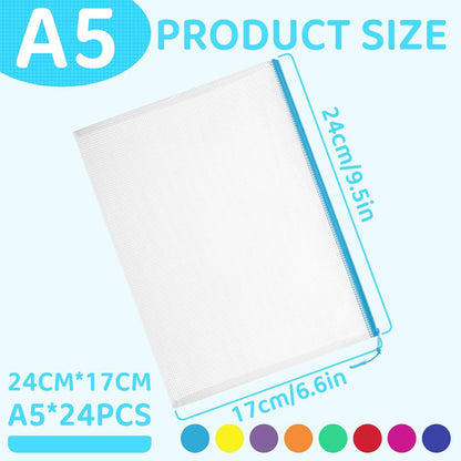 24pcs Mesh Zipper Pouch Bags, A5 9.4 x 6.9 Inches Reusable Zipper Bags Puzzle Storage Organizer 8 Colors Multipurpose for Travel Board Games Office Supplies and Home Organization
