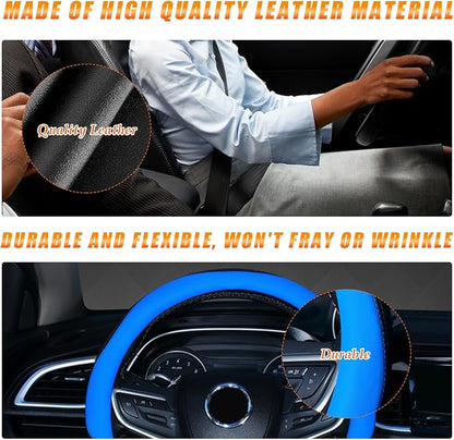 Ziciner Steering Wheel Cover, Soft Leather Premium Durable Elastic Auto Wheel Cover Protector, Stretch Breathable Anti-Slip Lining, Universal 14.5-15 inch Car Interior Accessories (Blue)