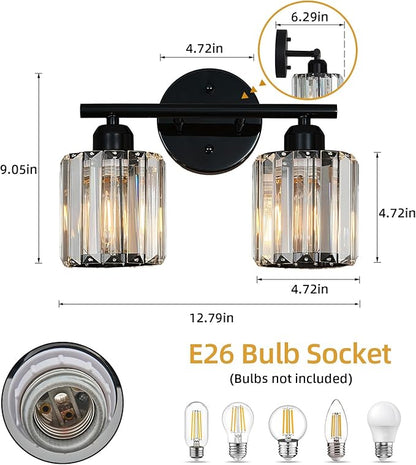 FDPBY Modern 2 Light Crystal Vanity Light, Plating Black Vertical Bathroom