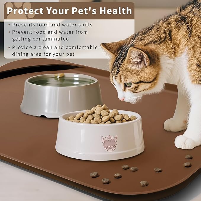 Smilool Silicone Pet Food Mat with Raised Edge for Food and Water Bowl, Dog Feeding Mats, Cat Food Trays for Floor Waterproof, Rubber Tray for Dogs and Cats, 24 x 16 x 0.8 Brown