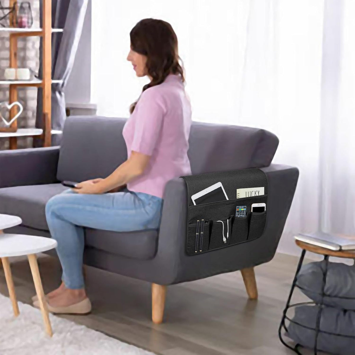 NB Sofa Armrest Organize remote holder bedside caddy organizer with 5 pockets，non-slip couch remote control holder couch armchair caddy accessories (black, 35''x18'')