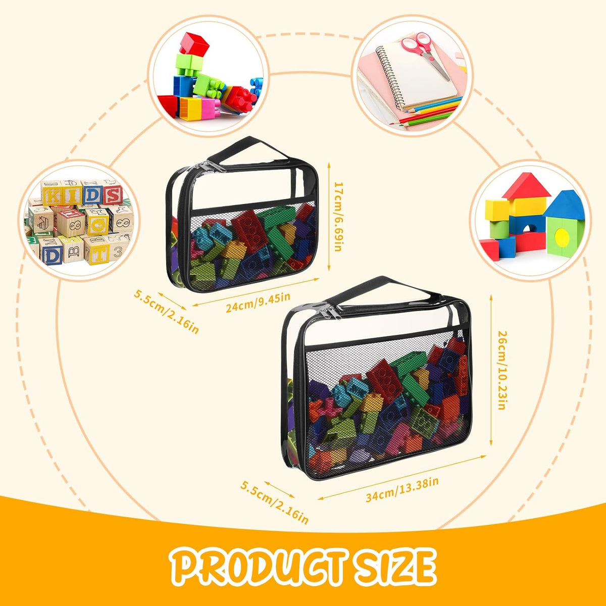8 Packs Toy Storage Bags with Zipper, Reusable Clear PVC Board Game Storage, Travel Waterproof Organizer Bags with Portable Handle for Building Blocks, Bricks, Puzzles, Books