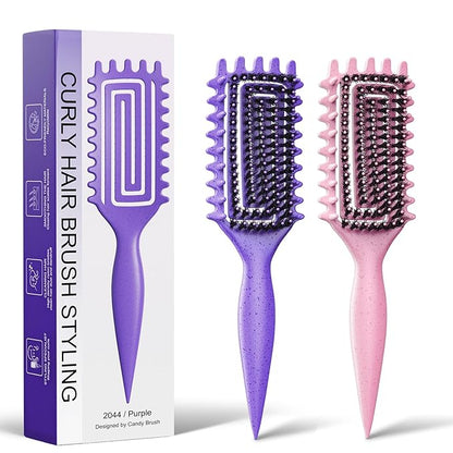 2-Pack Curly Hair Brush, Curl Defining Brush with Soft Boar Bristles Detangling Tangled Glides, Wide-Teeth Design Effortlessly Shaping & Defining Curls, Curling Definer for Wet & Dry Hair(Pink Purple)