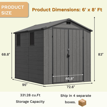 Devoko 6x8 Ft Outdoor Storage Shed - Lockable Resin Tool Shed with Window & Floor - Easy Assembly for Garden, Backyard, Dark Gray