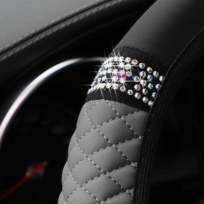 Bling Car Steering Wheel Cover, 15 Inch Rhinestones Soft Leather Elastic Steering Wheel Protector, Sparkly Crystal Diamond for Women Girls, Car Interior Accessories for Most Cars (Grey)
