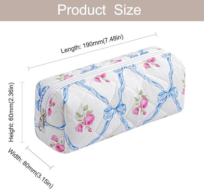 WHHJM Cute Floral Makeup Brush Bag Small Cotton Quilted Cosmetic Bag for Women Travel Toiletry Zipper Make Up Pouch (Blue Bowknot Rose)