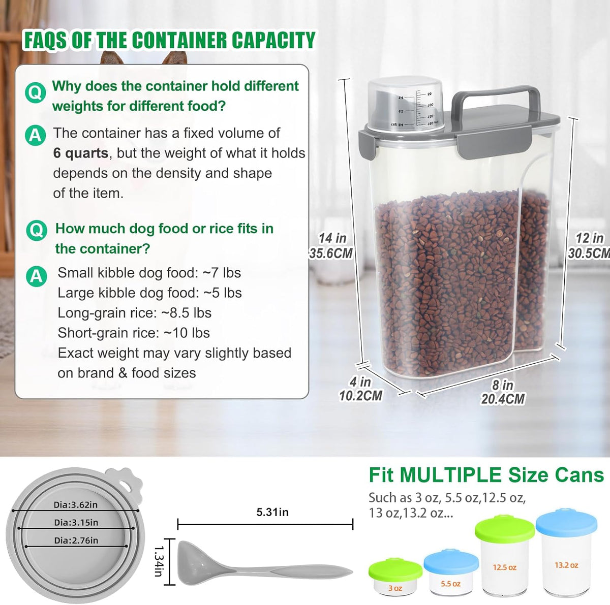 TBMax Pet Dog Cat Food Storage Container 5 to 7 lbs with Can Cover and Mixing Spoon, Airtight Pet Food Storage Dispenser with Large Spout & Measuring Cup for Kibble Dog Treat Bird Seed Container