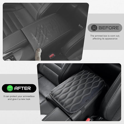 Amiss Auto Center Console Pad, Universal Waterproof Armrest Seat Box Cover, Car Interior Accessories, Leather Auto Armrest Cover Protector for Most Vehicle, SUV, Truck (White Line)