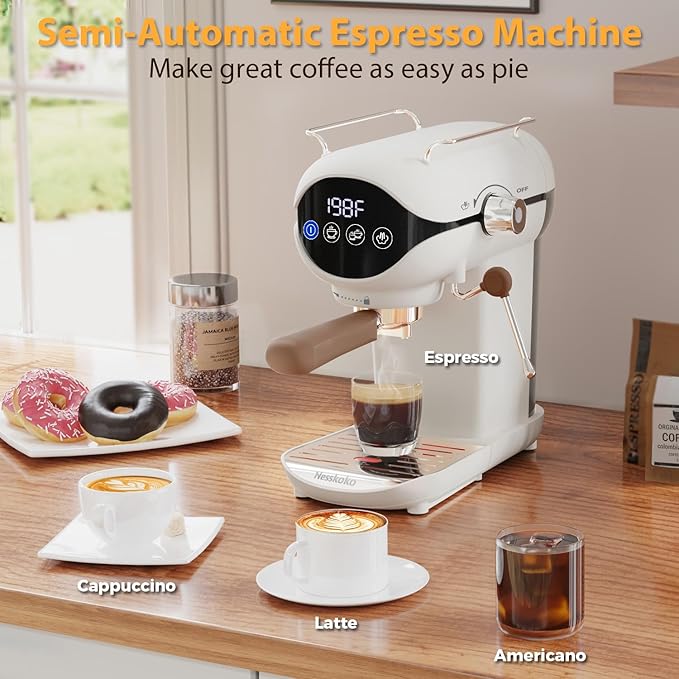 Espresso Machine with Steam Milk Frother Semi Automatic 20 Bar Compact White