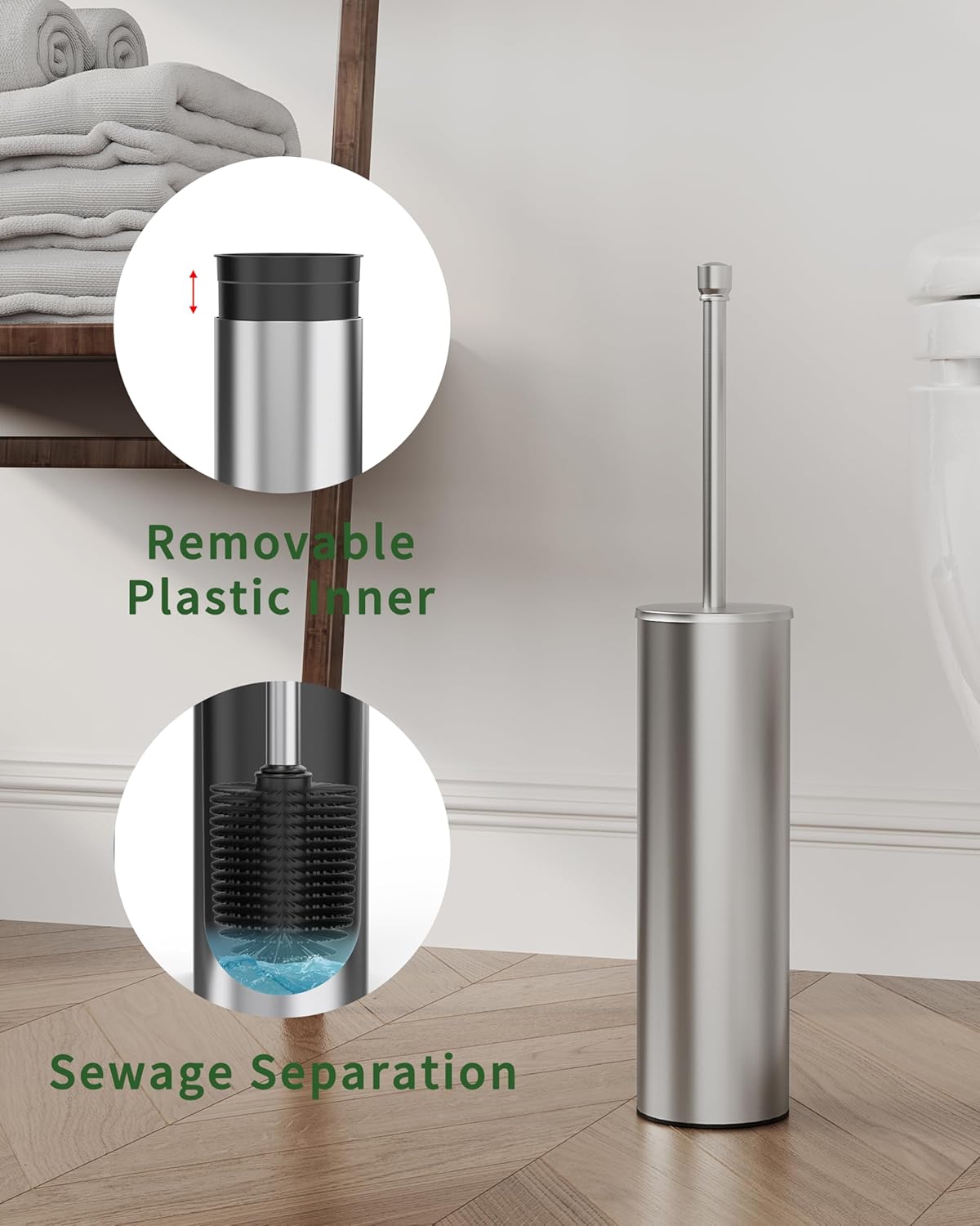 Toilet Brush and Holder Set, Toilet Bowl Brush for Bathroom with Long Handle, Stainless Steel Toilet Cleaner Brush with Durable Scrubbing Bristles,Splash-Proof (Brushed Nickel)