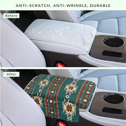 Dreaweet Aztec Arm Rest Cover for Car Thick Car Center Console Cover Pad with Pockets Green Anti-Scratch Car Armrest Cover Cushion Center Console Armrest Replacement