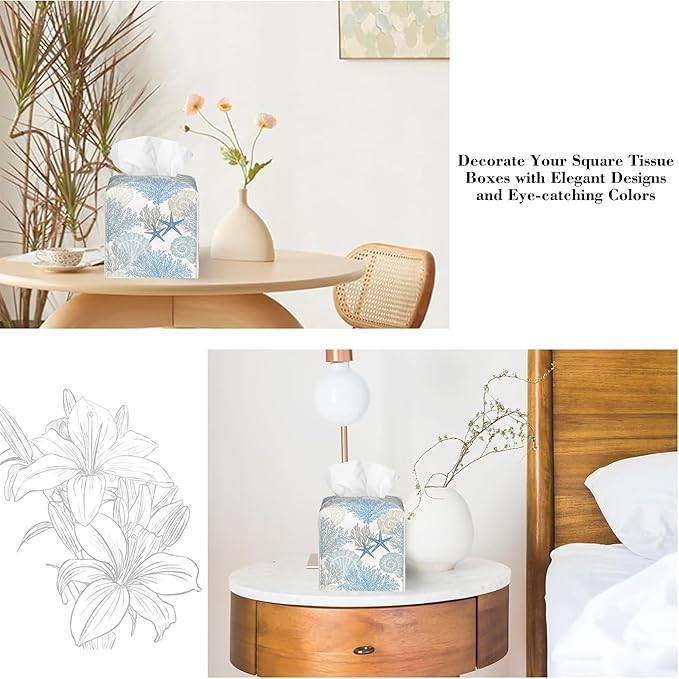 Retro Starfish Seashell Corals Tissue Box Cover Square Leather Tissue Holder Waterproof Facial Paper Organizer Dispenser Cube Paper Cover Case for Home Office Bathroom Vanity Countertop