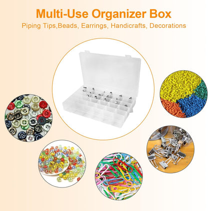 Piping Tip Organizer Box, 36 Grids Storage Container with Adjustable Dividers, Made with Clear Plastics, Compartment Container for Cake Decorating Tools, Baking Tools, Jewelry, Beads and Small Crafts